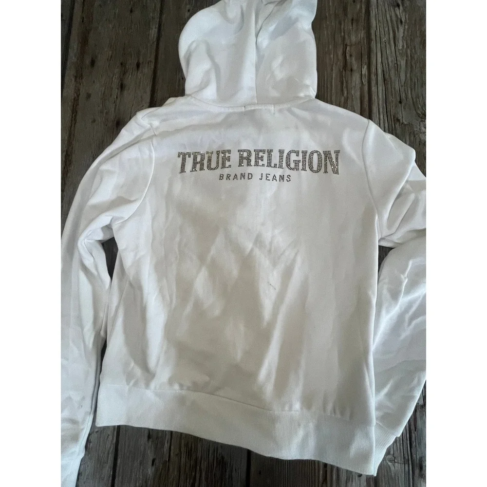 True Religion Optic White Rhinestone Logo Zip Hoodie 207980 Mens‎ Small NWT